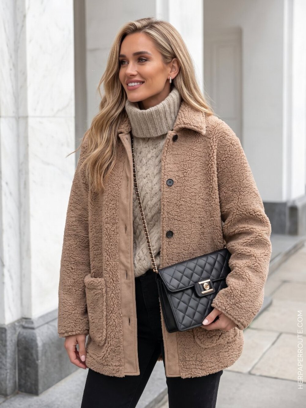 Women's Taupe Sherpa Fleece Coat Button Down Lapel Pockets Casual Jacket